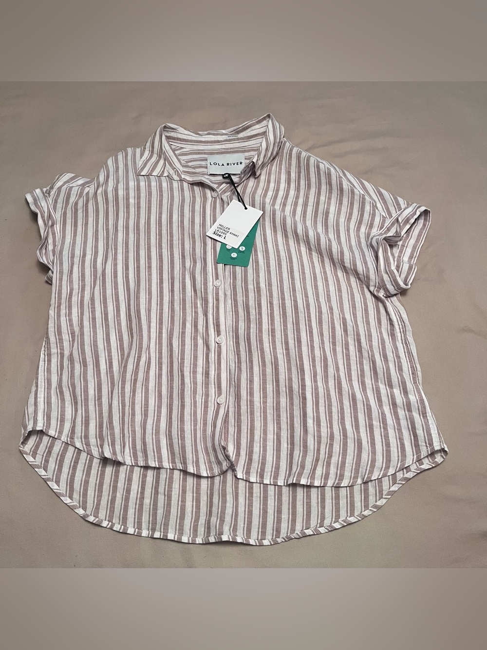 Lola River Women's Linen & Tencel Short Sleeve Stripe Button-Down Shirt
